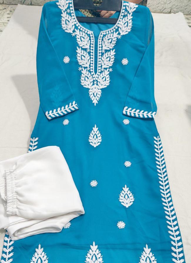 Georgette Sky Blue Festival Wear Lucknowi Chikankari Work Readymade Kurti With Plazzo